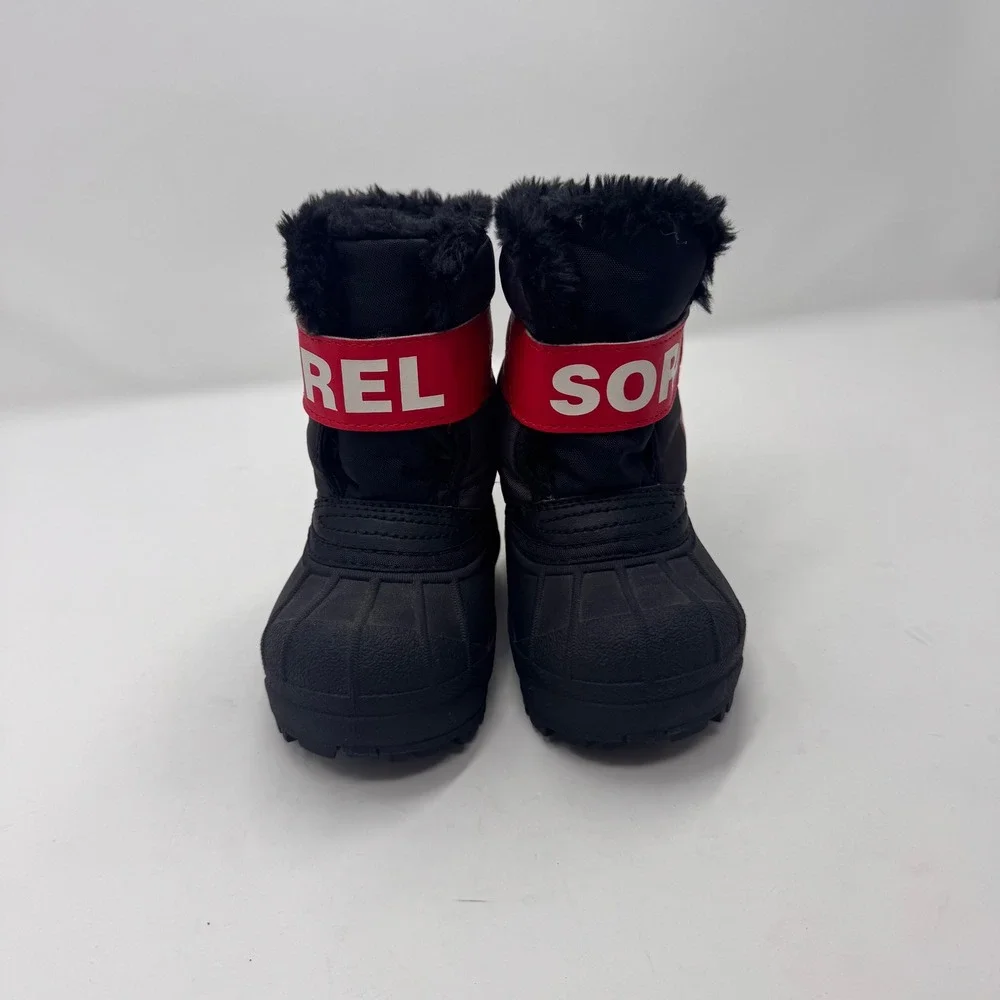 Kids Sorel Black Red Faux Fur Lined Winter Snow Boots Size 5 Toddler